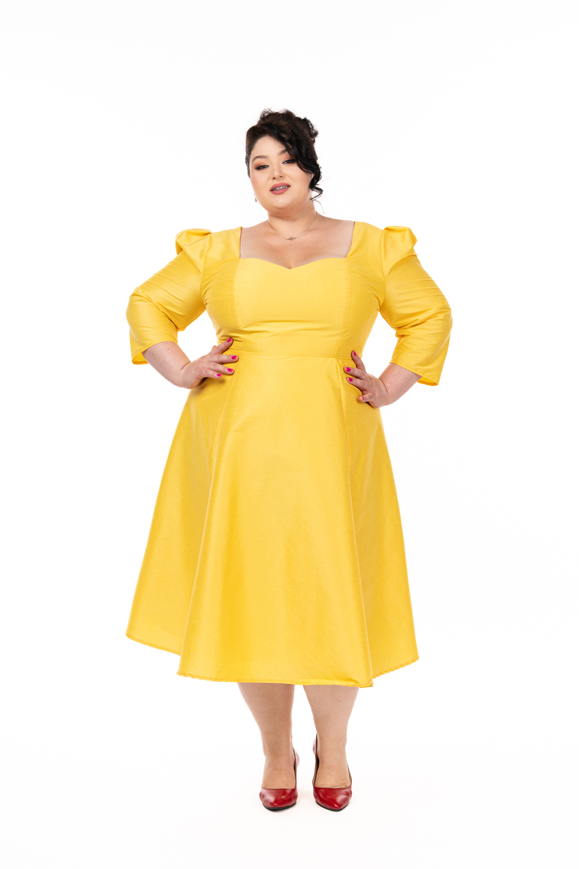 Easter Sale 20 ROCHIA MEDA IDU FASHION ROCHIE GALBENA TAFTA PLUS SIZE1